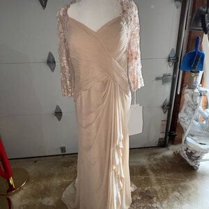 Mon Cheri Cream Long Sleeve Gown with Lace